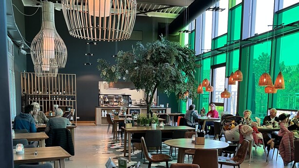 Ein geräumiges Café mit runden Tischen und Ledersesseln, ausgestattet mit Pendelleuchten und einem großen, grünen Fenster.