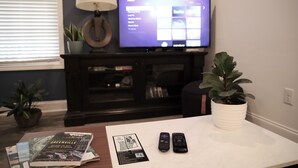 Ein Wohnzimmer mit Fernseher, Fernbedienungen, Büchern und einem Blumentopf.