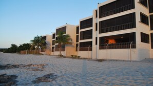 A beachfront hotel with multiple floors, a sandy beach in the foreground, and palm trees.