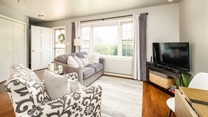 A living room with a sofa, a chair, a TV, and a window with curtains. - Nona's Cottage-Waynesboro/Shenandoah Valley, VA (Waynesboro)