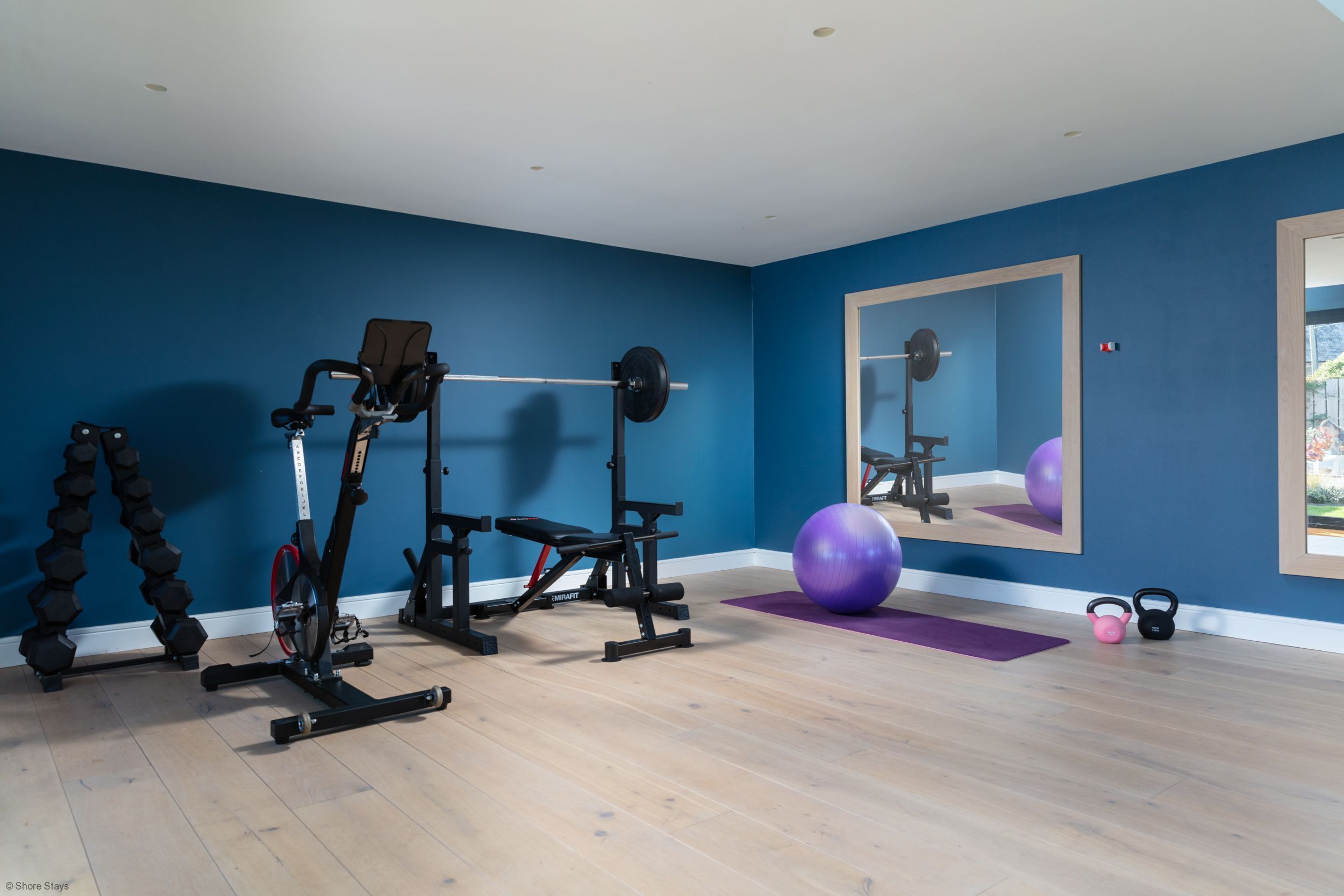 Ein Fitnessraum mit Trainingsgeräten, einem Spiegel und einem violetten Trainingsball.