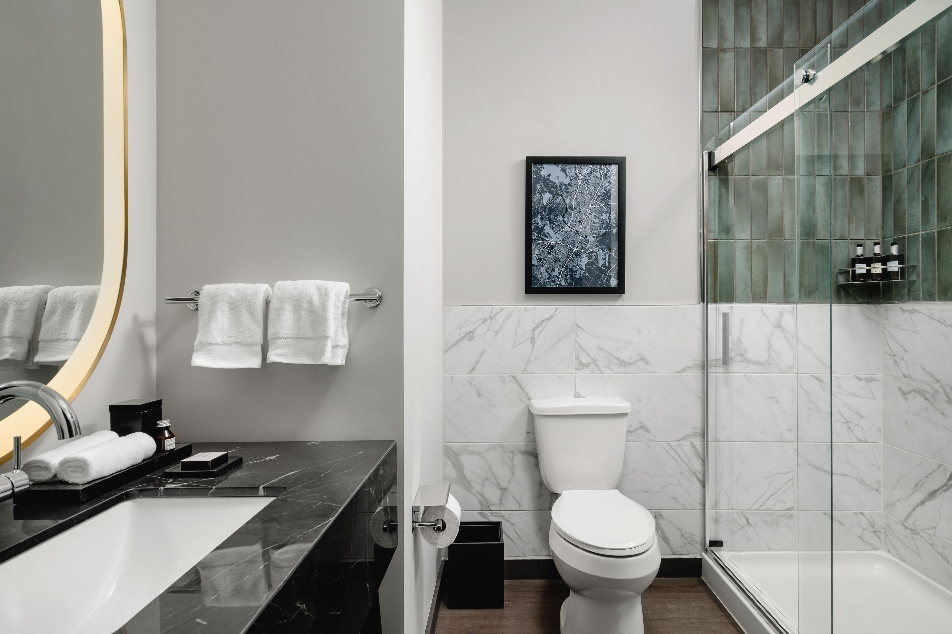 designer toiletries, hair dryer, towels, soap