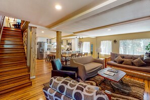 TV, fireplace, books