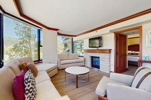 Flat-screen TV, fireplace, stereo