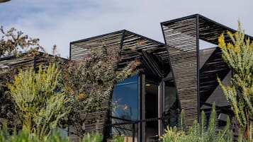 Een modern gebouw met een opvallend geometrisch ontwerp, omgeven door weelderige begroeiing.