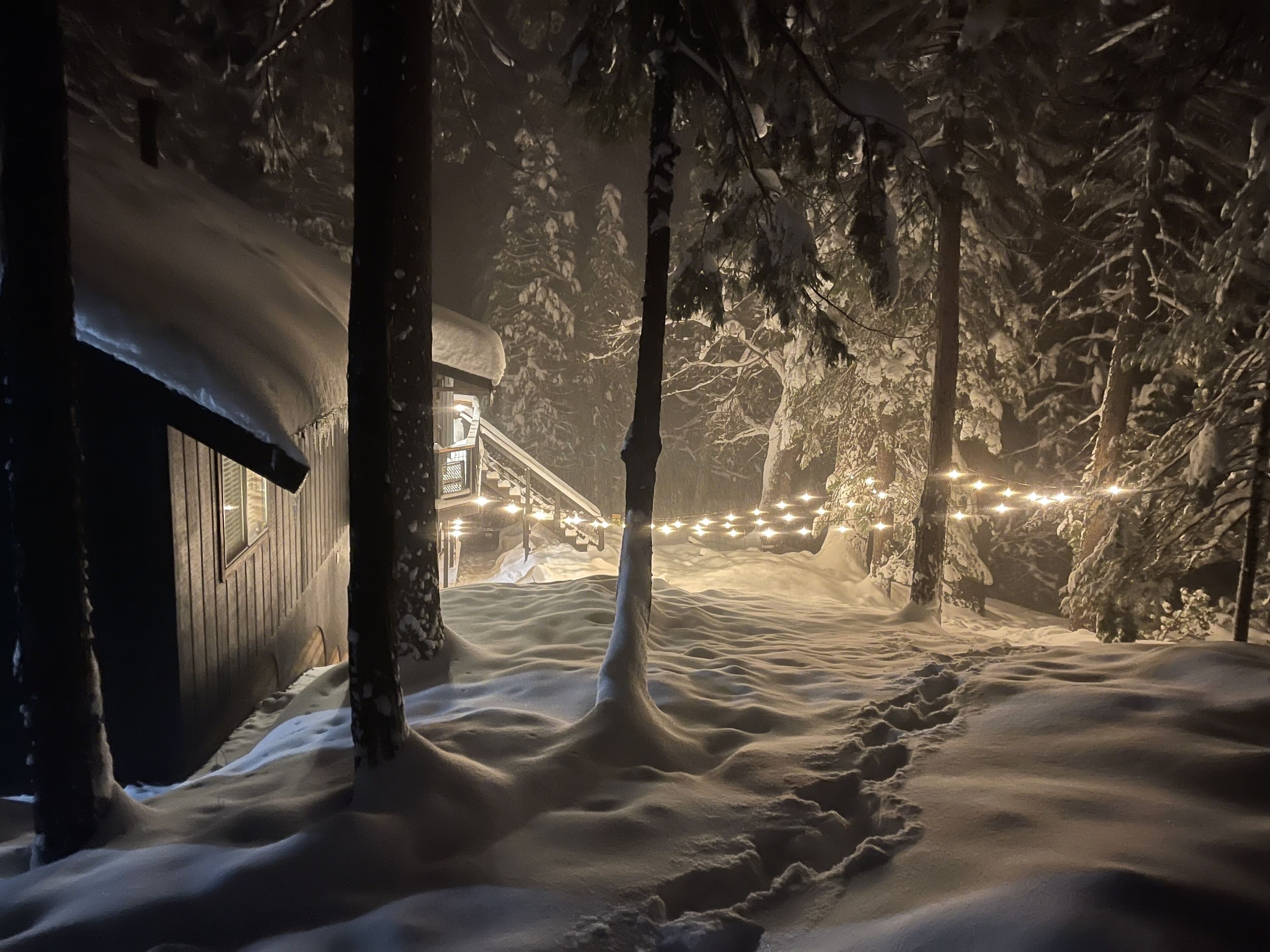 A snow-covered path leading to a cabin with a staircase and string lights.