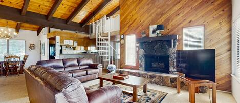 Televisión, chimenea, reproductor de DVD, libros