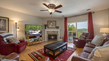 Smart TV, fireplace, books