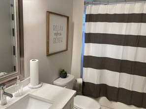 Bathroom features a sink, mirror, and toilet, with a shower and a potted plant.
