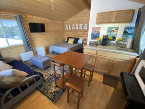 Fridge, microwave, stovetop, coffee/tea maker