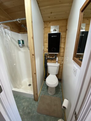 Shower, towels, soap, toilet paper