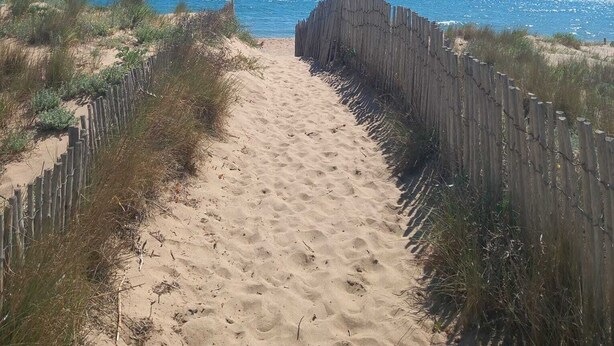 Un sentier de sable bordé d’une clôture en bois d’un côté et de l’océan de l’autre.