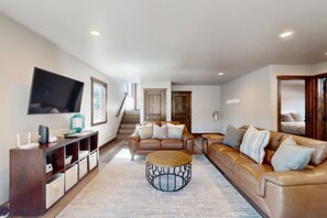 TV, fireplace, video game console, table football - Chic Meyers Home with Fenced Yard | Walk to Eateries, Parks & Lake Baron (South Lake Tahoe)