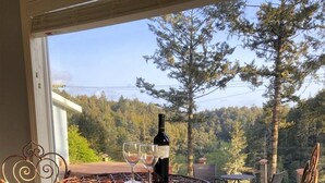 Juego de mesa y sillas de hierro forjado en un balcón, con una botella de vino y copas, con vistas a una zona boscosa.
