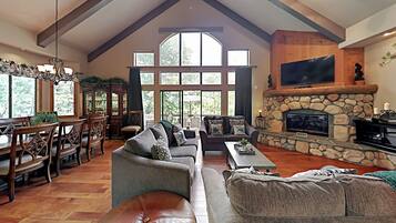 TV, fireplace, foosball