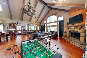 TV, fireplace, foosball