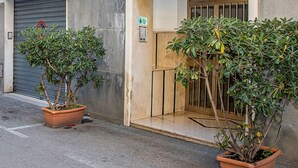 Un bâtiment avec une porte de garage fermée, une entrée bien visible avec un portail en métal et deux plantes en pot.