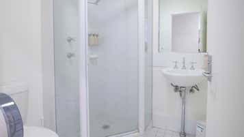 A bathroom with a toilet, a glass-enclosed shower, and a sink with a mirror.