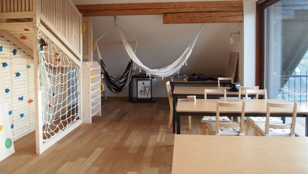 A room with a wooden floor, a hammock, a climbing wall, and a large window.