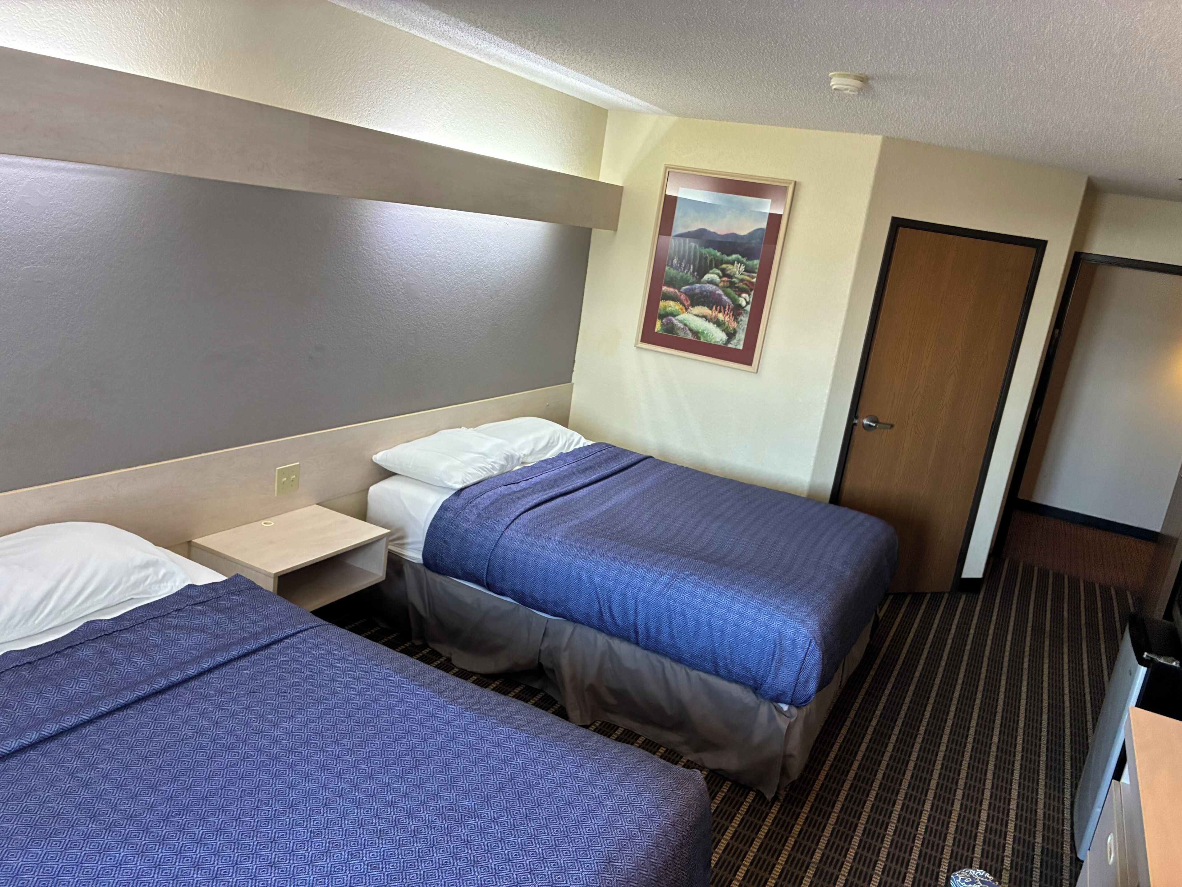 A hotel room with two beds, a nightstand, a framed picture on the wall, and a door.