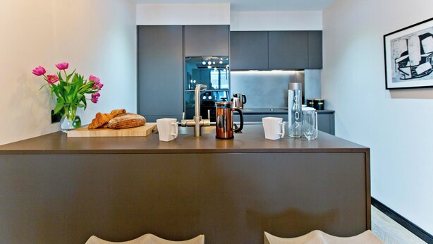Une cuisine moderne avec un îlot central, une machine à café et un vase de fleurs.