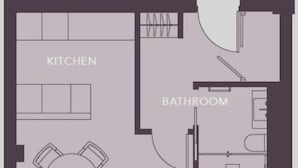 Ein Grundriss mit Küche, Bad, Wohn-/Essbereich und Schlafzimmer.