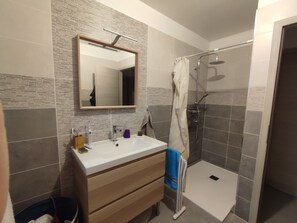Shower, hair dryer, towels
