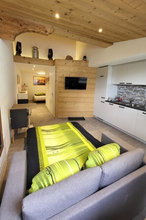 A modern, compact living space with a sofa, a TV, a kitchenette, and a wooden ceiling.