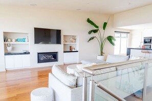 Télévision, cheminée, chaîne hi-fi