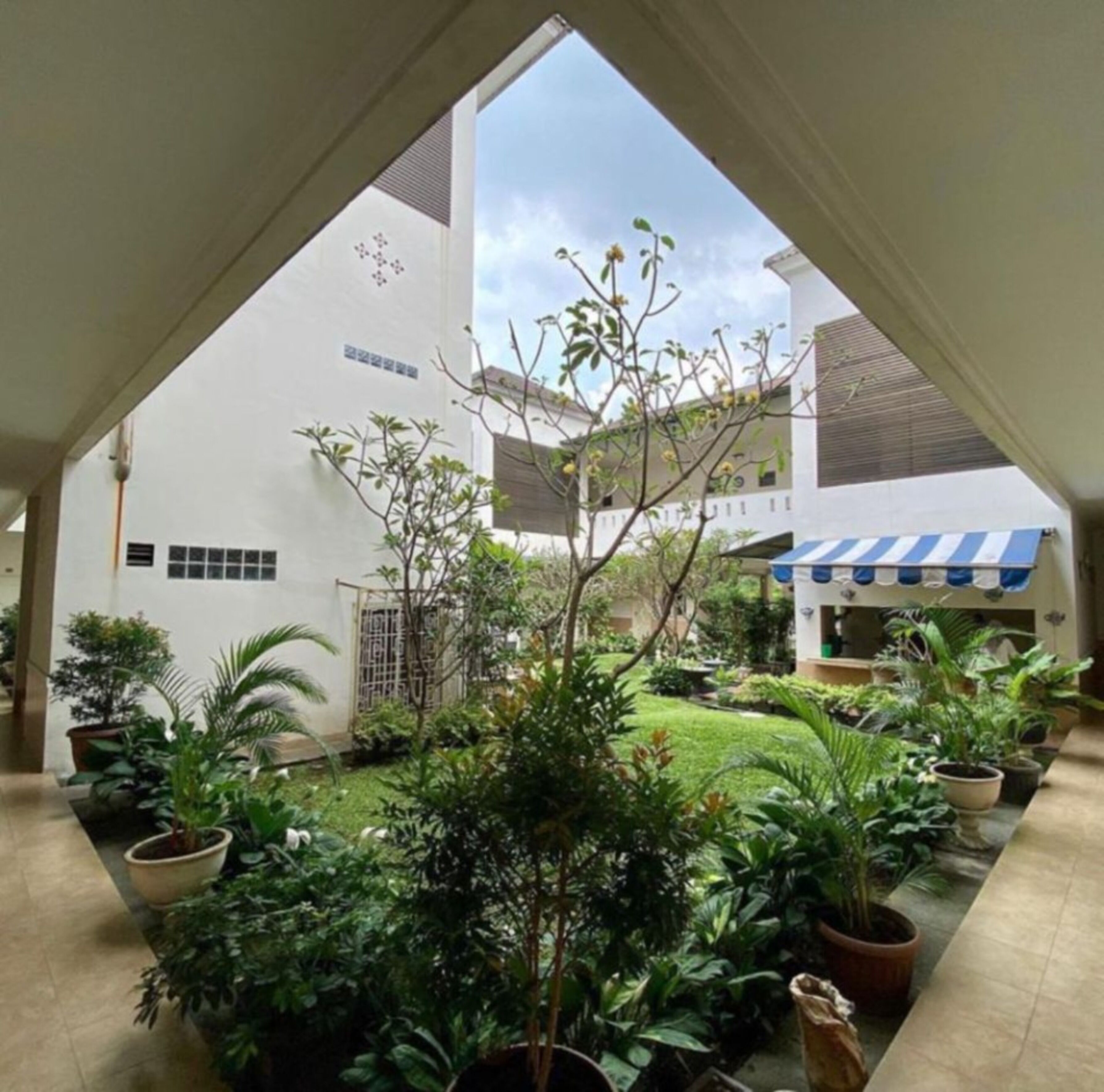A courtyard with potted plants, a small garden, and a building with a striped awning.
