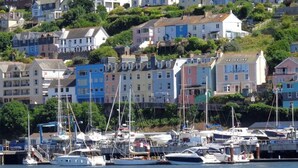 Un port de plaisance où sont amarrés différents types de bateaux, entouré de maisons aux couleurs vives sur une colline.