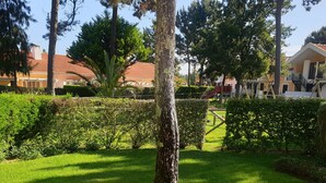 Zona verde bien cuidada con un árbol, setos y un parque infantil al fondo.