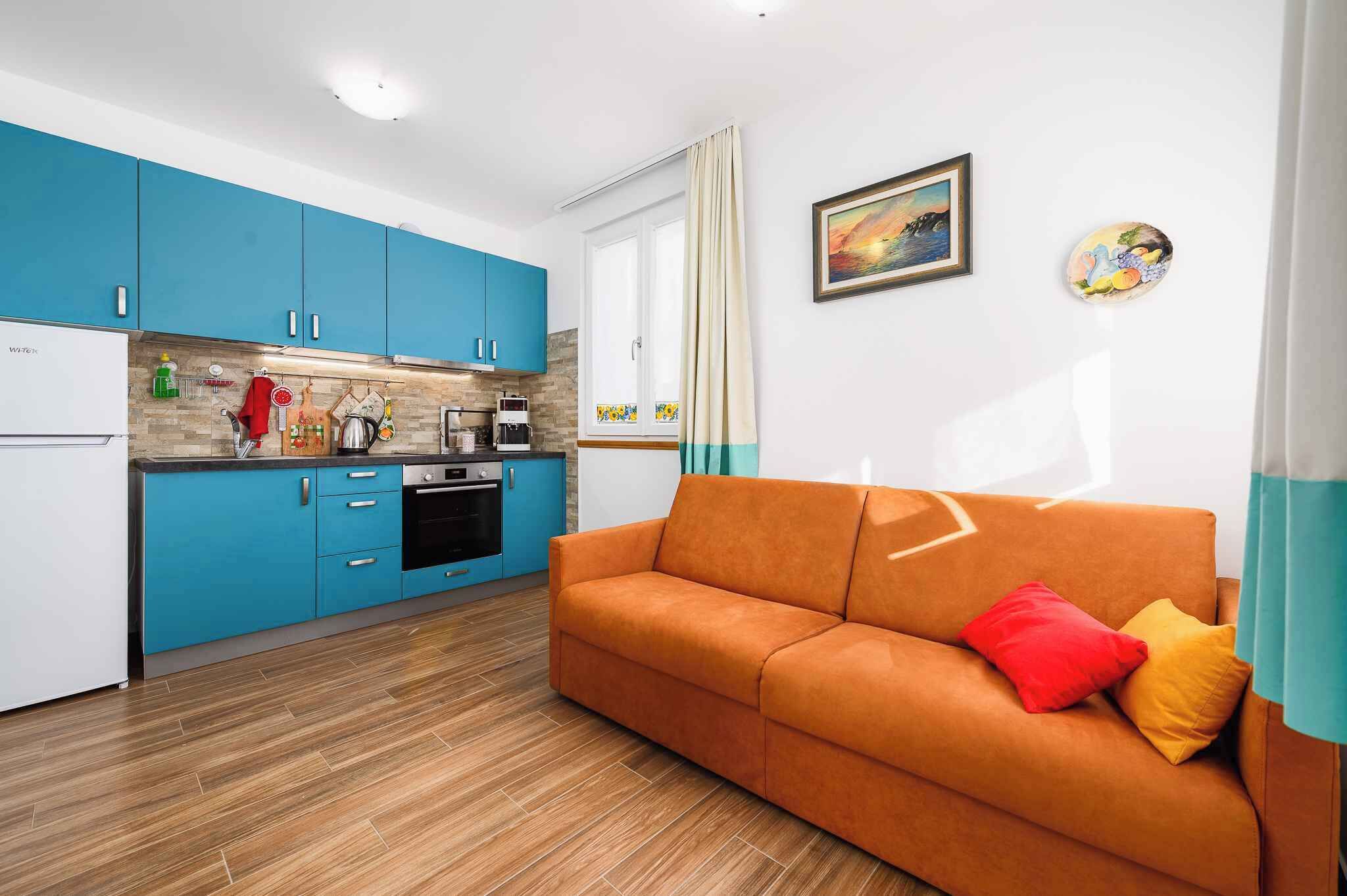 Un espace de vie compact comprenant un coin cuisine, un canapé avec des coussins, un tableau et une assiette décorative accrochée au mur.