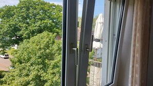 A view through a window with a door, a tree, and a parked car. - 5 km from the center, 1 km from the train station and 11 km from Baden-Airpark (Baden-Baden)