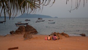 Une plage avec des bateaux sur l’eau, des rochers et un palmier.