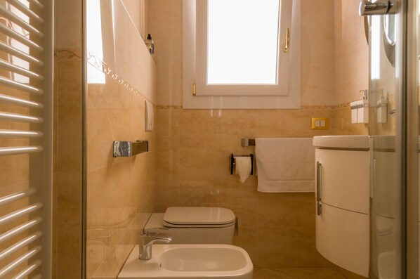 Shower, hair dryer, towels