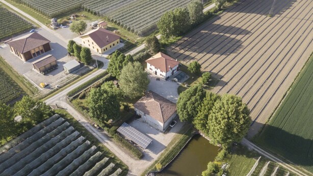 An aerial view of a vineyard with buildings, a pond, and solar panels.