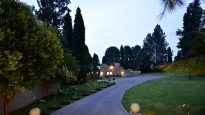 Un sentier aménagé mène à un bâtiment moderne doté d’une façade en briques et de fenêtres illuminées.