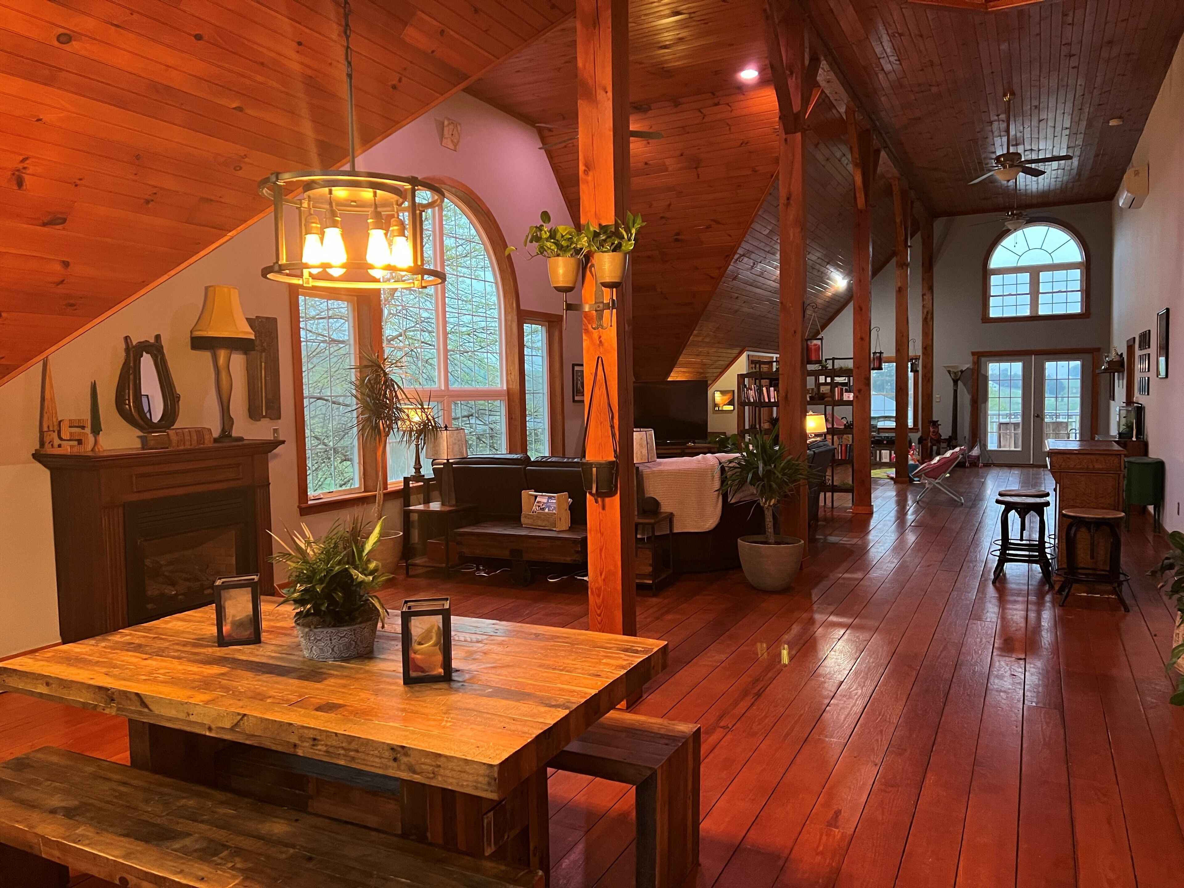 Smart TV, fireplace, books, video library