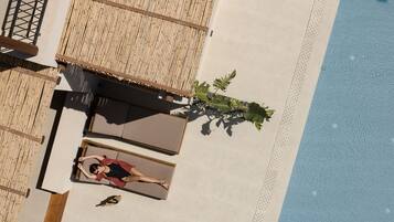 An aerial view of a pool area with bamboo structures, a lounge chair, and a pool.