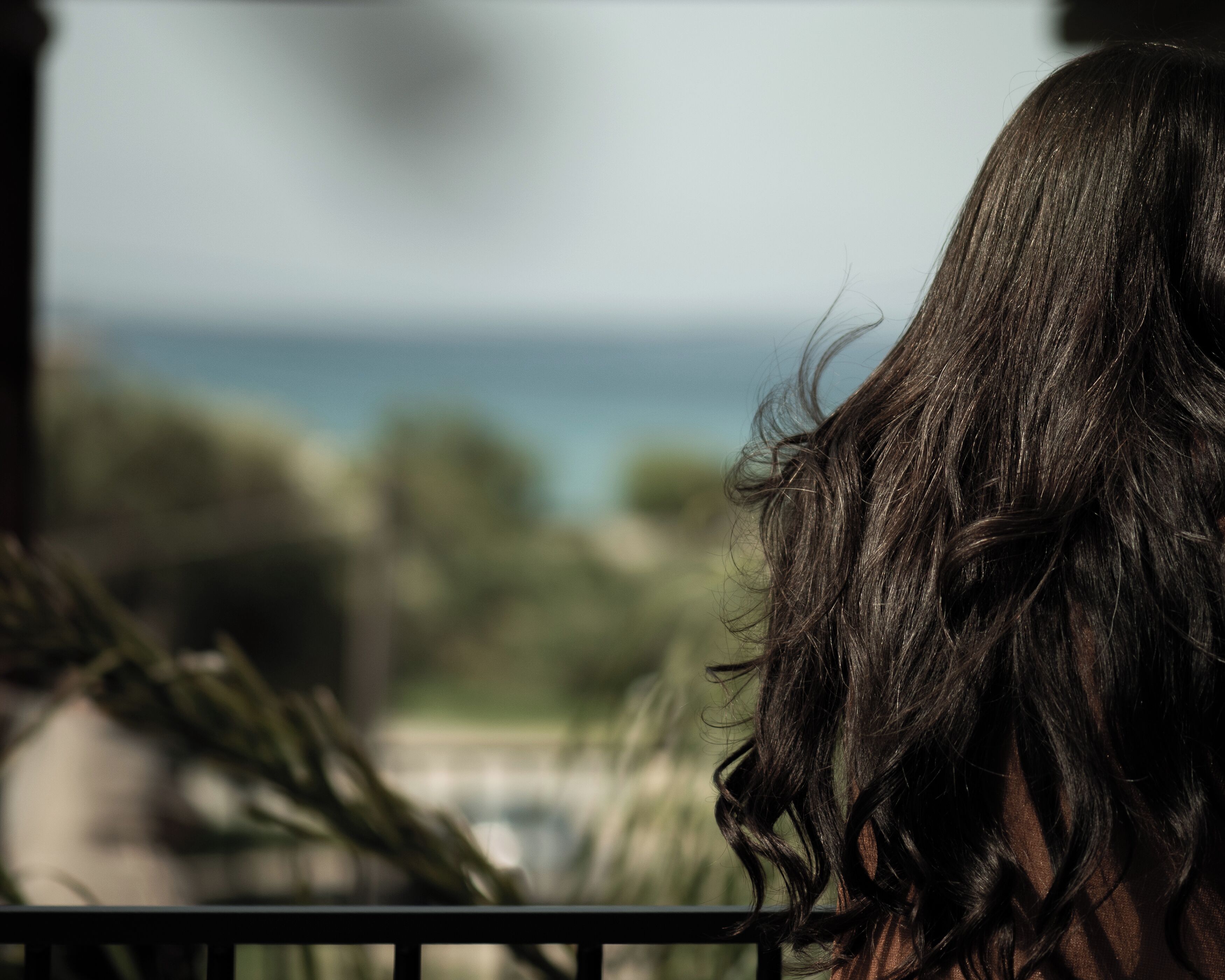 A person with long, wavy hair from behind, overlooking a coastal landscape with trees and the sea.