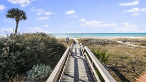 A wooden boardwalk leading to a beach with a clear sky and a palm tree.