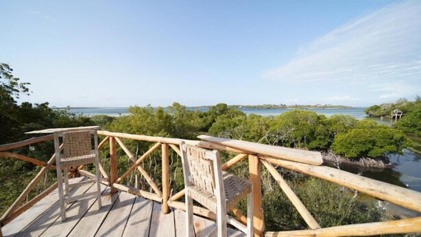 A wooden deck with a railing overlooking a mangrove forest and a body of water. - The Mida Creek (Watamu)