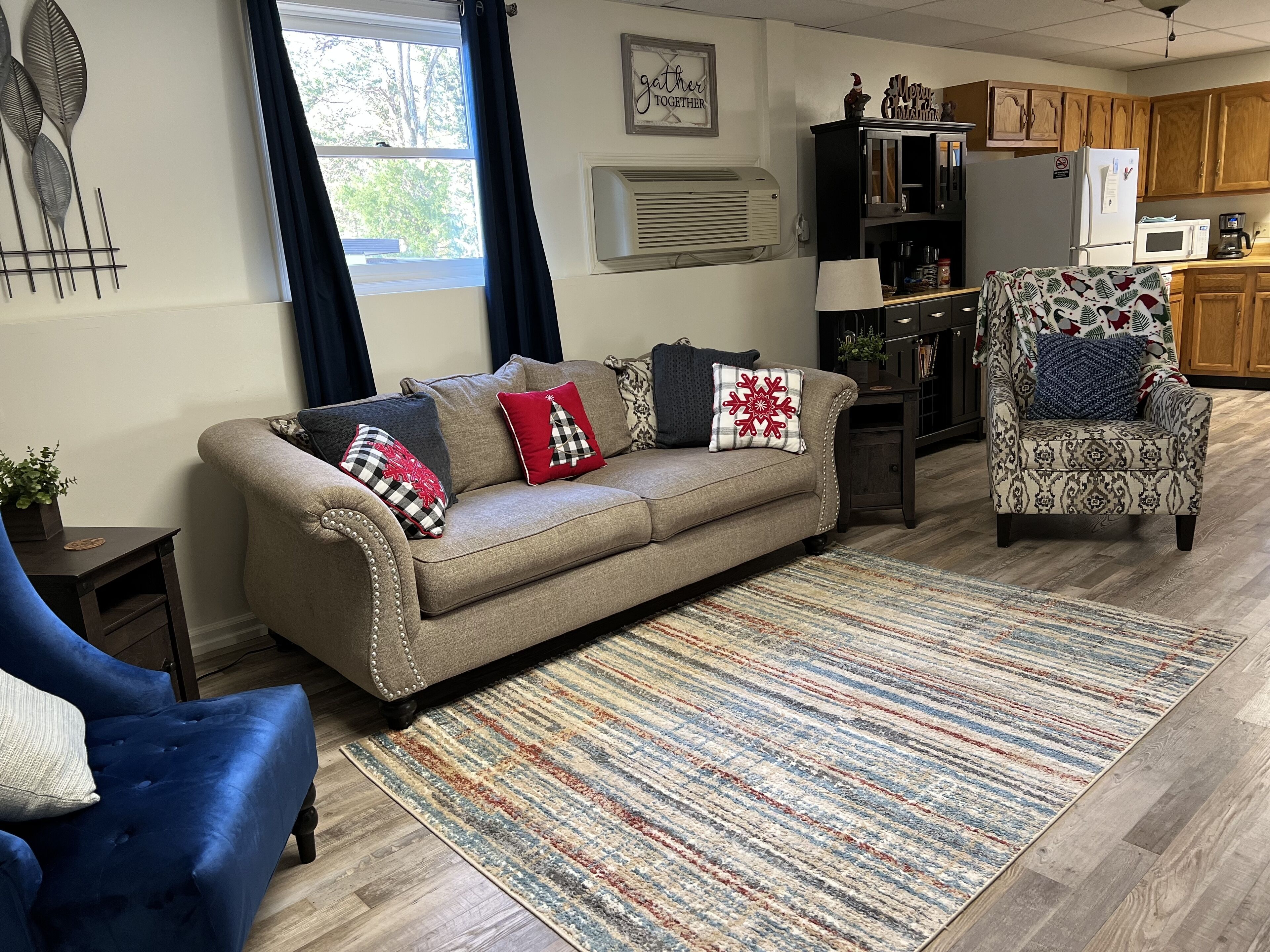 A living room with a sofa, armchair, and a patterned rug.