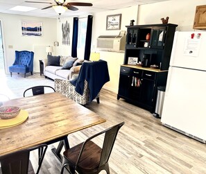 TV, fireplace, books