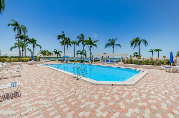 Una piscina rectangular con un borde de baldosas, rodeada de sillas de descanso y sombrillas, con palmeras al fondo.