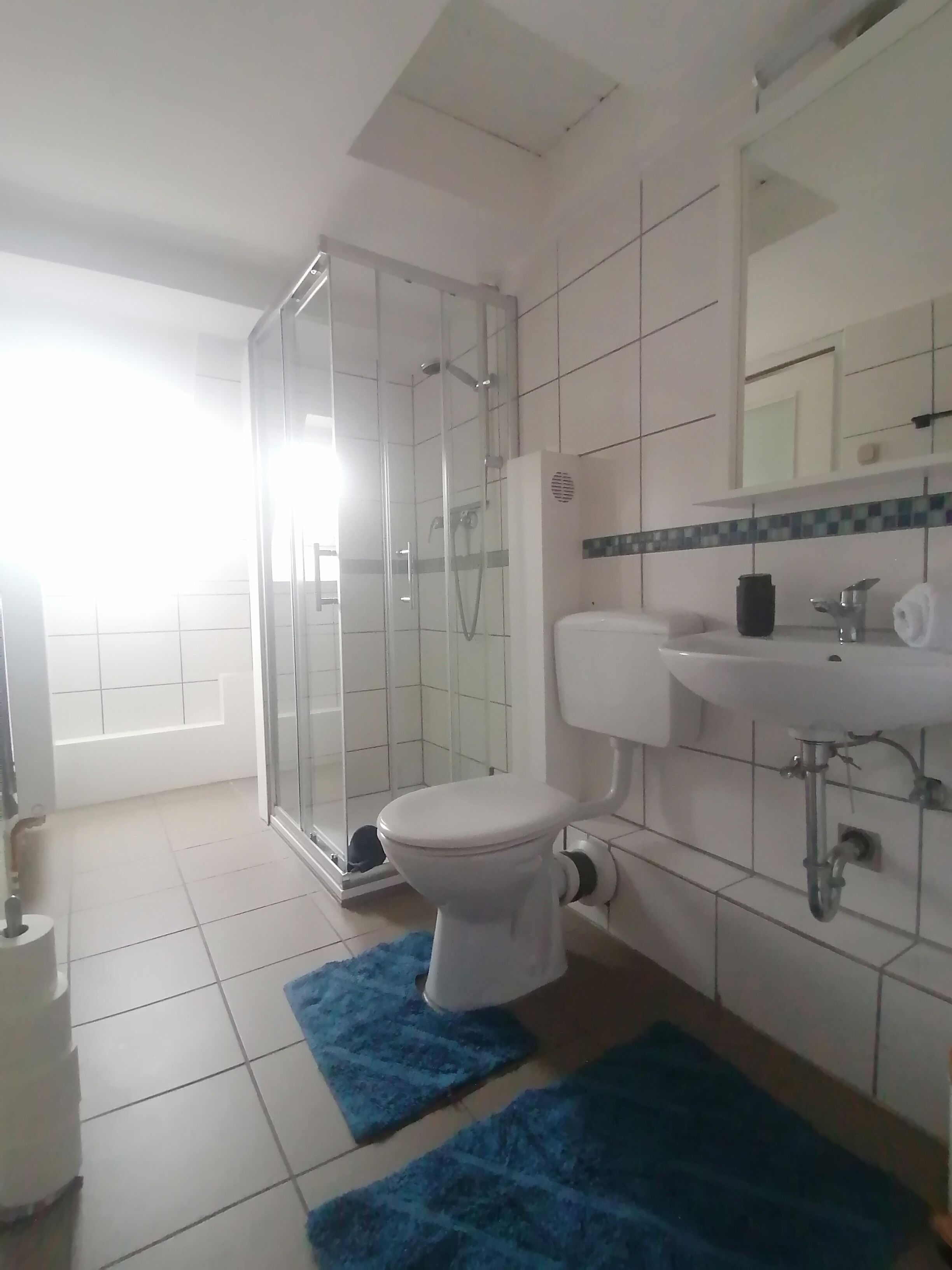 A bathroom with a toilet, sink, and glass shower enclosure.