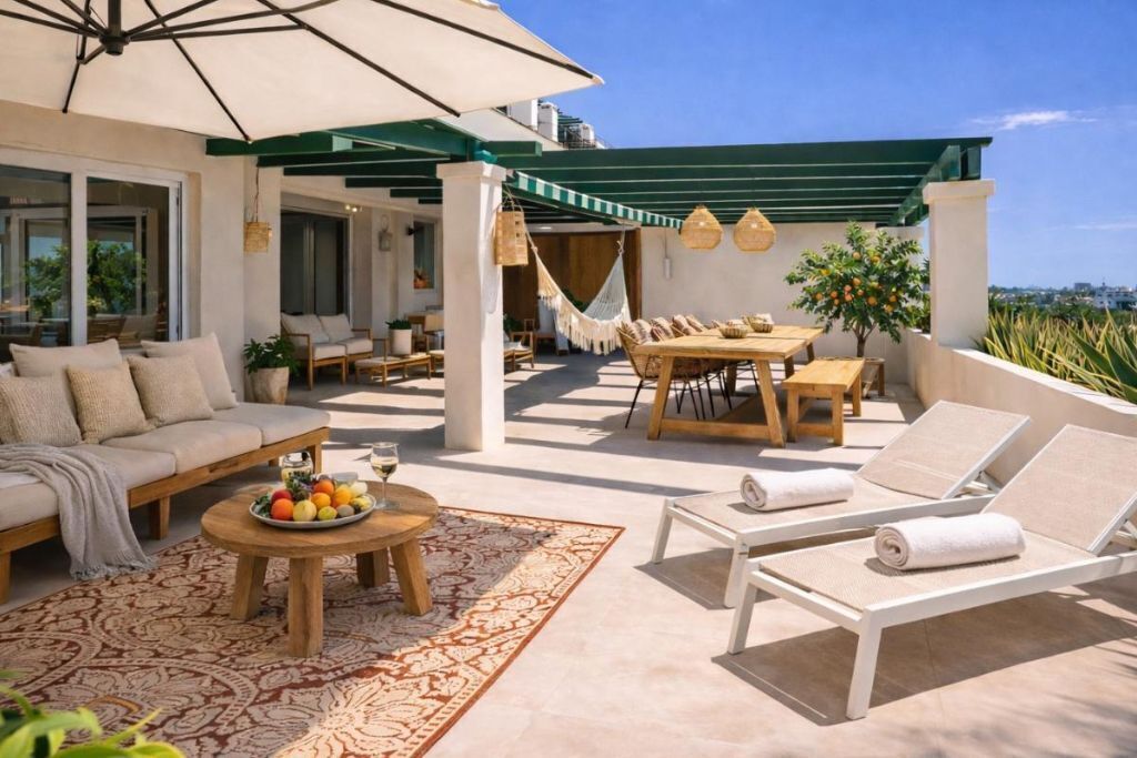 Eine Terrasse im Freien mit einer Couch, Liegestühlen, einem Esstisch und einer Hängematte.