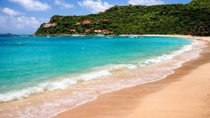 A beach with clear turquoise water, a sandy shore, and a hill with buildings.