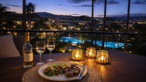 A dining table with a bottle of wine, two glasses, a plate of food, and candles, overlooking a pool and palm trees at dusk.
